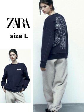 Zara Navy Crewneck Sweater with Wireframe Design